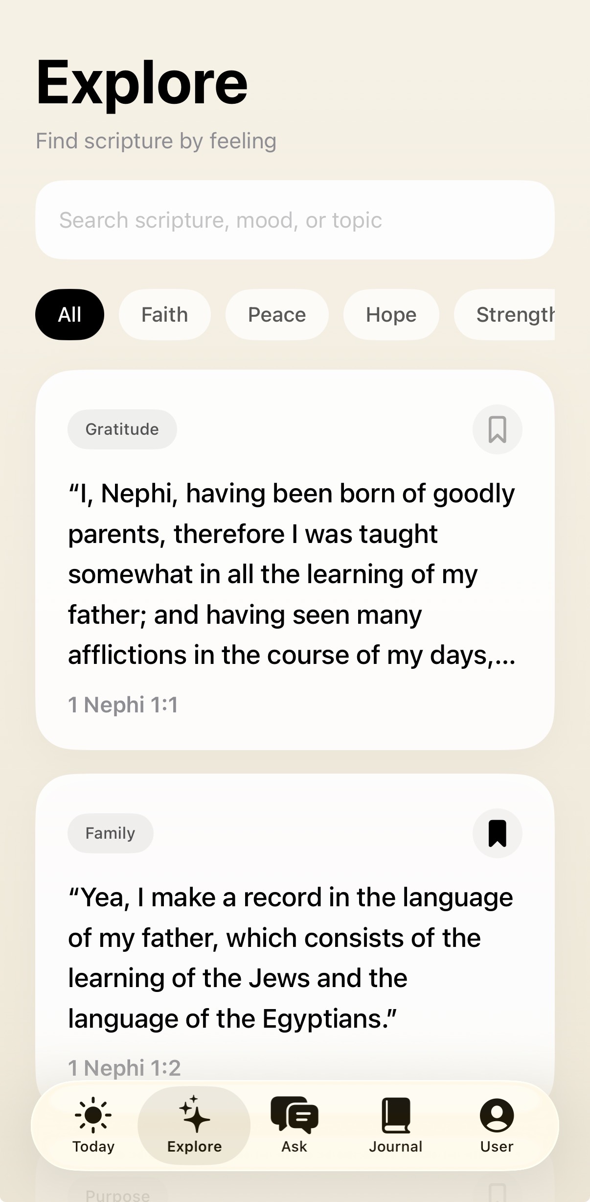 Nephi Explore screen showing scripture organized by feeling and topic
