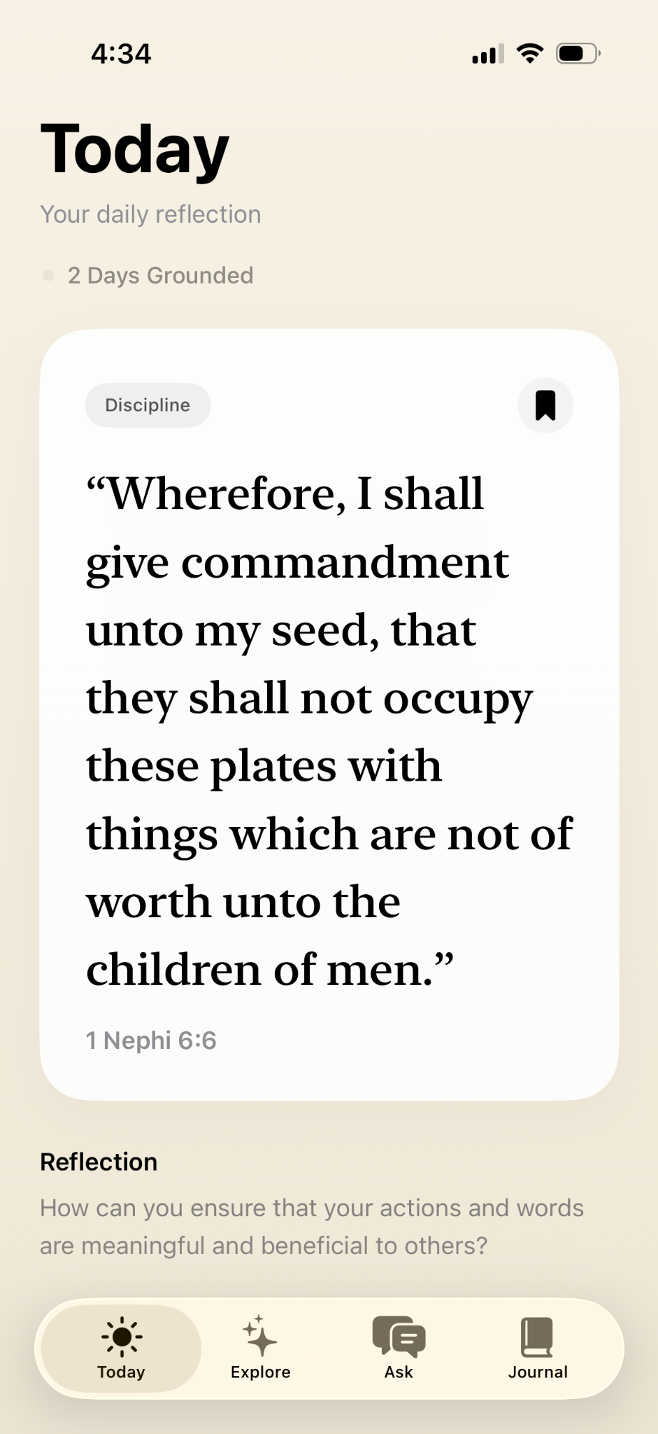 Nephi Today screen showing a daily verse and reflection